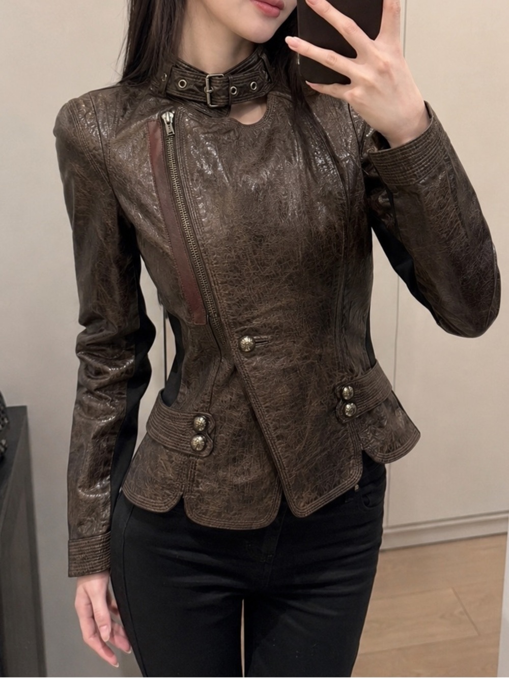 Vintage Brown Genuine Leather Napoleon Military Cropped Jacket XS/S